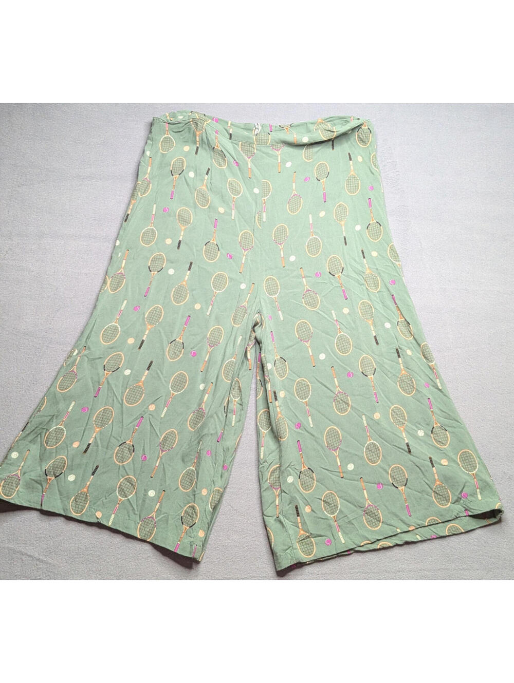 Royal Monk Pants Womens 2XL Green Tennis Racket Print Cropped Wide Leg Zip Crepe